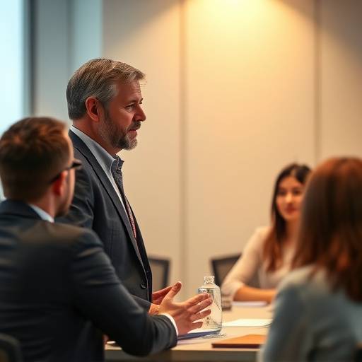 Imagen de un líder hablando con su equipo en una sala de reuniones, mostrando confianza y empatía